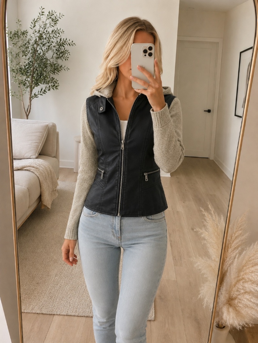 NWT Black Faux Leather Hooded Jacket Knit Sleeve Small